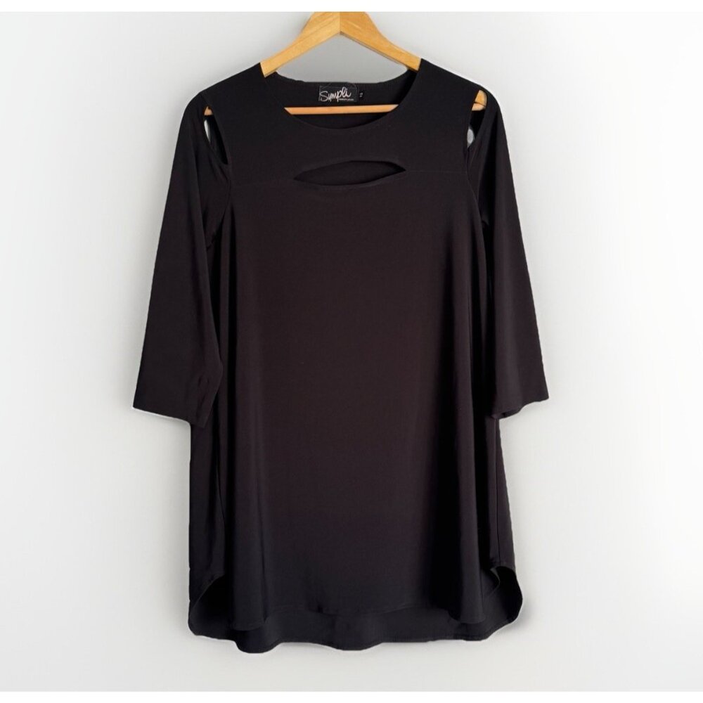 Sympli Women’s 12 Black Tunic Top 3/4 Sleeves Stretch Cut Out Quiet Luxury Artsy